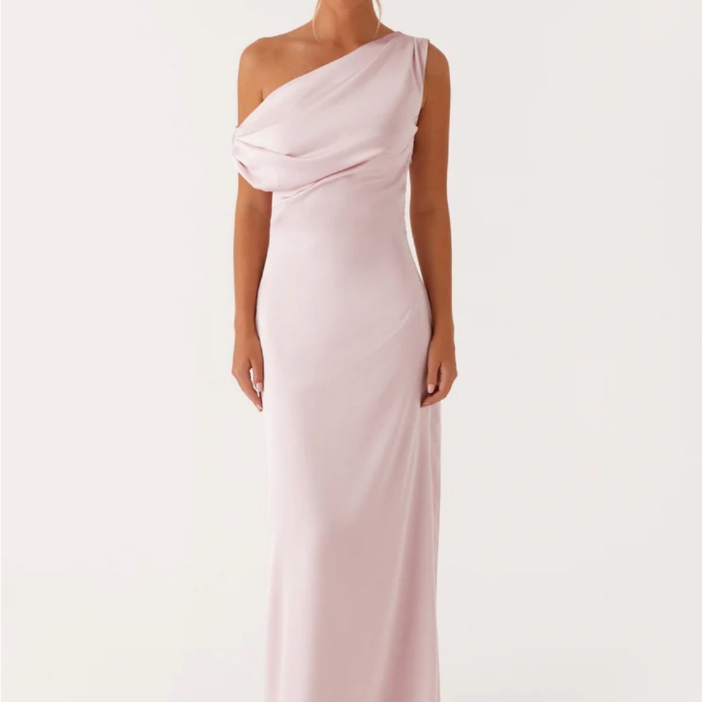Heart of Glass Satin Maxi Dress in Blush Pink by Peppermayo